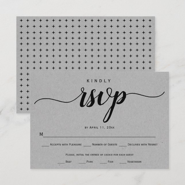 Cartão RSVP Casamento de rusticidade com cinza de caligrafia (Frente/Verso)