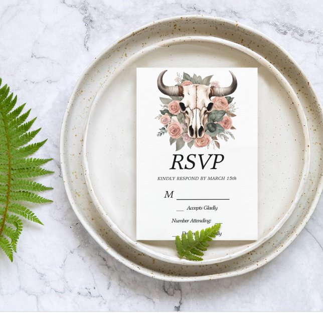 Cartão RSVP Casamento de Sábado de Crânio Floral de Boho Ocide (Boho Western Wedding Floral Skull Wedding Suite Dusty Rose and Sage Wedding Colors.)