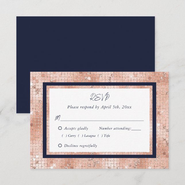 Cartão RSVP Casamento de Script Azul com Marinho Dourado Elega (Frente/Verso)