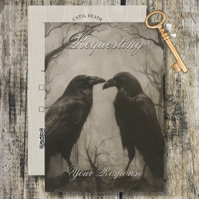Cartão RSVP Casamento de Script Black & Tan Raven Gótico Escur (Dark Gothic Black & Tan Raven Script Wedding RSVP Card)