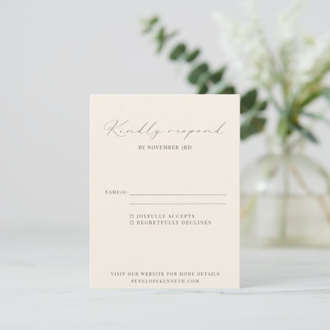 Cartão RSVP Casamento de Script Branco e Preto Elegante Clássi (Em pé/Frente)