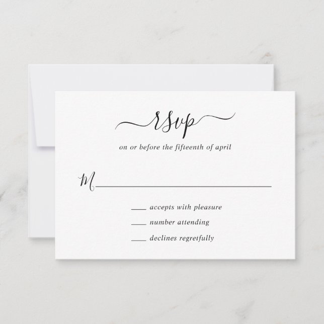 Cartão RSVP Casamento de Script Branco e Preto Elegante Simple (Frente)