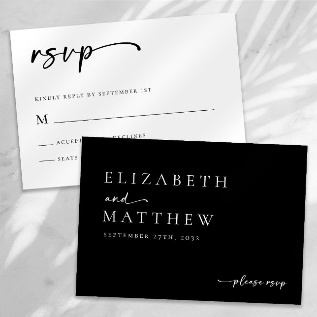 Cartão RSVP Casamento De Script Branco E Preto Moderno (Criador carregado)