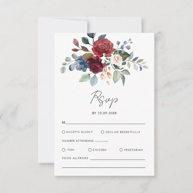 Cartão RSVP Casamento de Script de Aquarela Floral (Frente)
