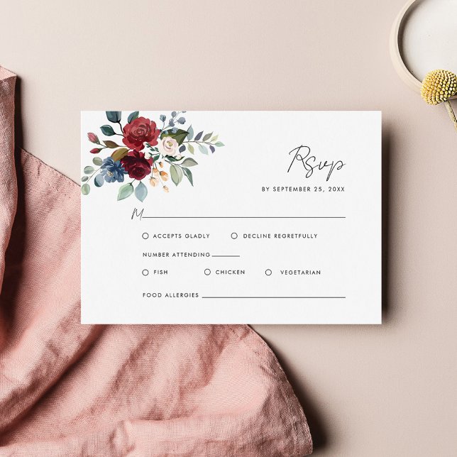 Cartão RSVP Casamento de Script de Aquarela Floral Burgundy (Burgundy Floral Script Wedding RSVP Card)