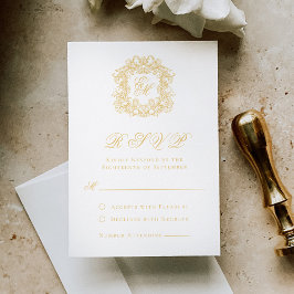Cartão RSVP Casamento de Script de Crest do Monograma Dourado 