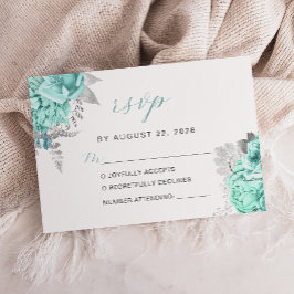 Cartão RSVP Casamento de Script de Prata de Aqua Floral Elegan