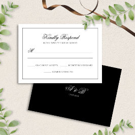 Cartão RSVP Casamento de Script do Monograma Branco e Preto Cl