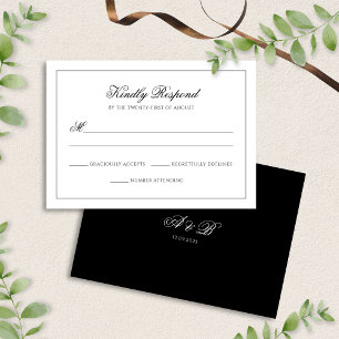 Cartão RSVP Casamento de Script do Monograma Branco e Preto Cl