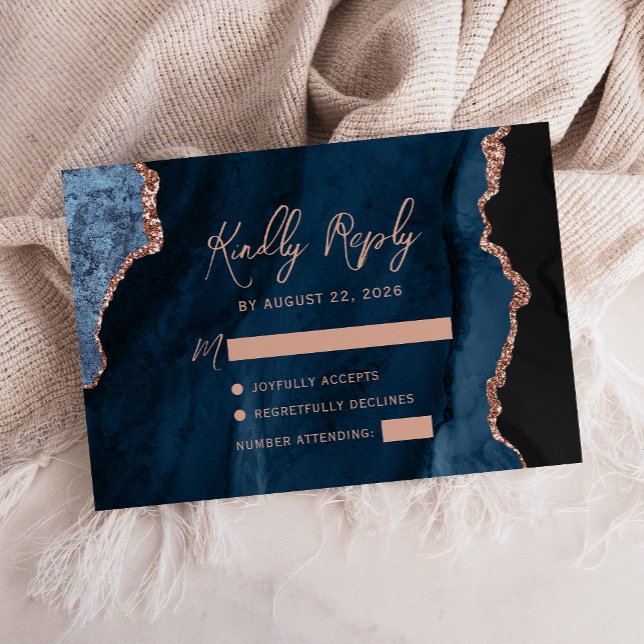 Cartão RSVP Casamento de Script Dourado do Rosa de Agate Azul- (Criador carregado)