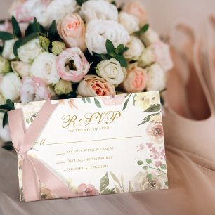 Cartão RSVP Casamento de Script Dourado Floral Cor-de-Rosa-Blu