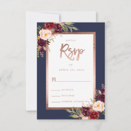 Cartão RSVP Casamento de Script Dourado Rosa Azul com Marinho 