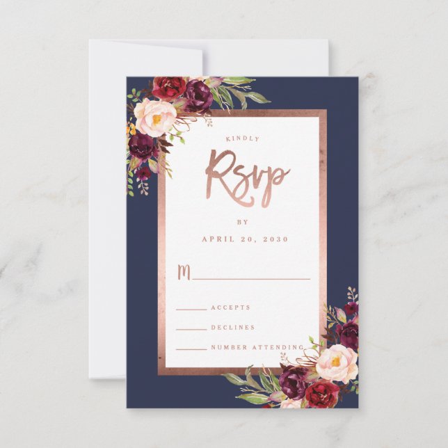 Cartão RSVP Casamento de Script Dourado Rosa Azul com Marinho  (Frente)