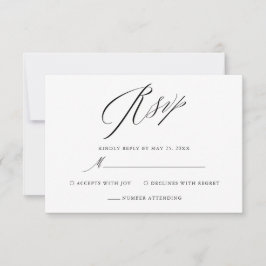 Cartão RSVP Casamento de Script Elegante Branco Negro Simples