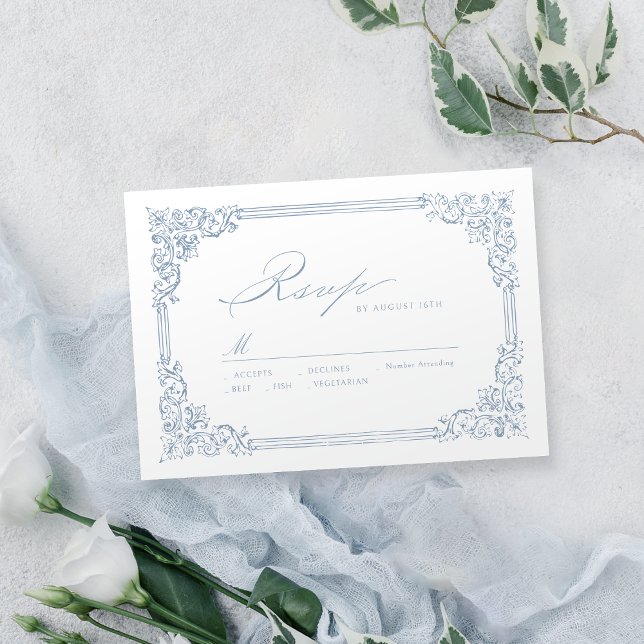 Cartão RSVP Casamento de Script Elegante de Moldura Azul Dusty (Dusty Blue Vintage Frame Elegant Script Wedding RSVP Card)