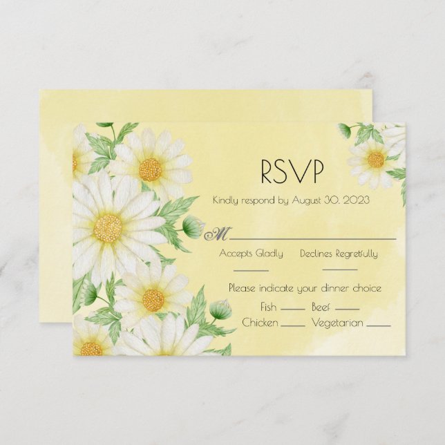 Cartão RSVP Casamento de Script Floral Amarelo Branco da Daisi (Frente/Verso)