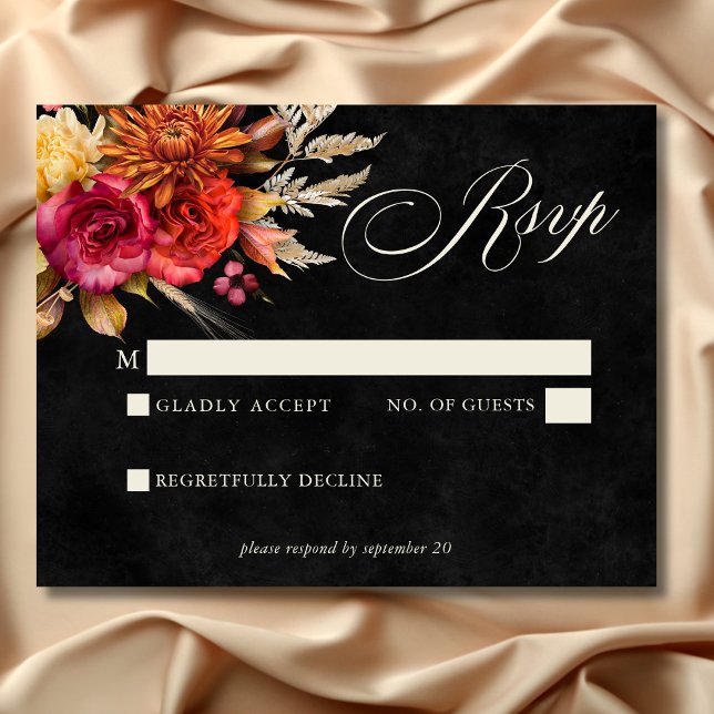 Cartão RSVP Casamento de Script Floral Boho Boho Negra Elegant (Elegant Black Vibrant Boho Floral Script Wedding RSVP Card)