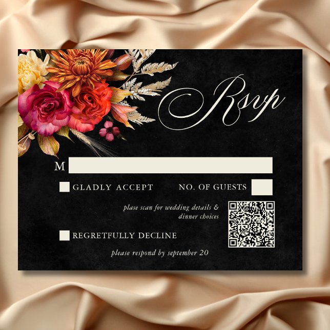 Cartão RSVP Casamento de Script Floral Boho Boho Negra Elegant (Elegant Black Vibrant Boho Floral Script Wedding RSVP Card)