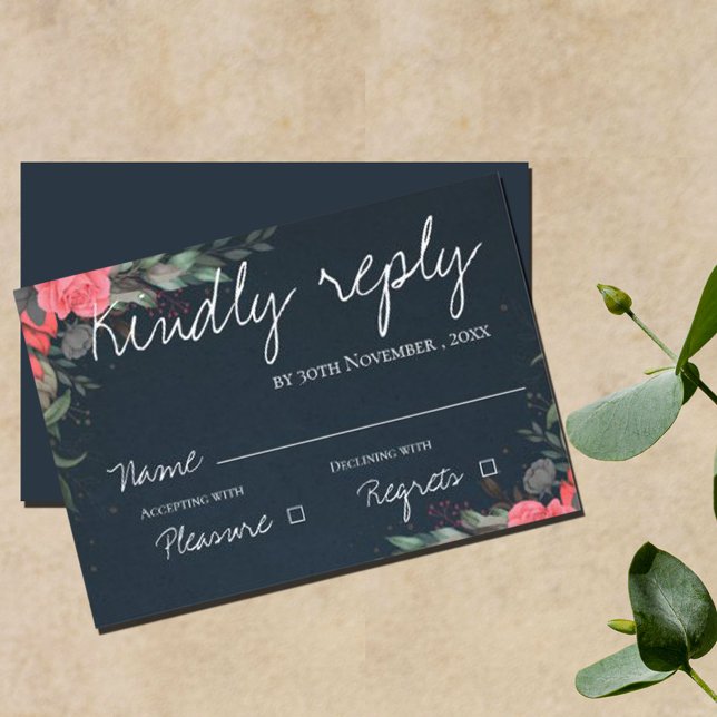 Cartão RSVP Casamento de Script Floral de Cinza de Pêssego Bon (Criador carregado)