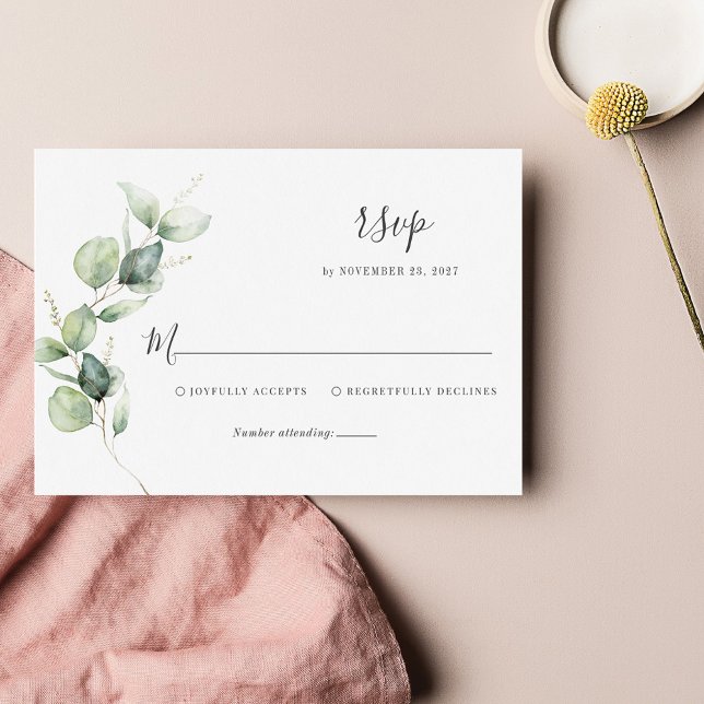 Cartão RSVP Casamento de Script Floral Eucalyptus Deixa (Criador carregado)