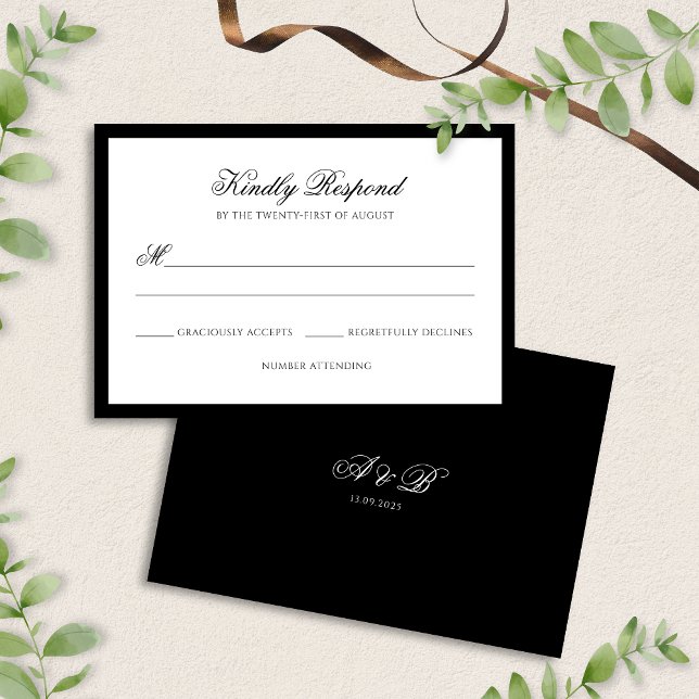 Cartão RSVP Casamento de Script Formal de Borda Branca e Preta (Criador carregado)