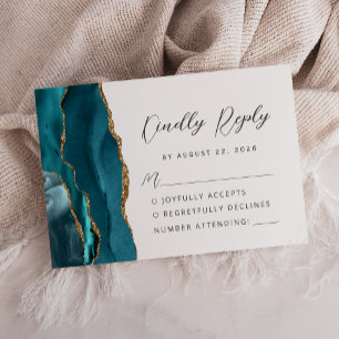 Cartão RSVP Casamento de Script Moderno Dourado Azul Agate Tea