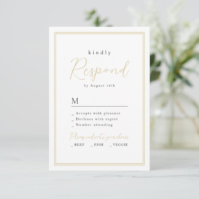 Cartão RSVP Casamento de Script Romântico Dourado Simples Eleg (Em pé/Frente)
