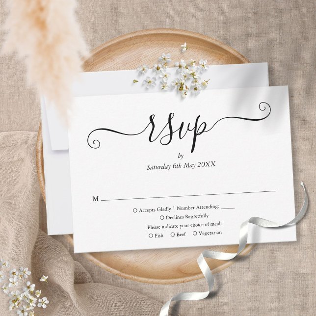 Cartão RSVP Casamento de Script Simples Preto e Branco (Criador carregado)