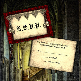 Cartão RSVP Casamento de Seda Vermelha Gótica e Cascas Dourada