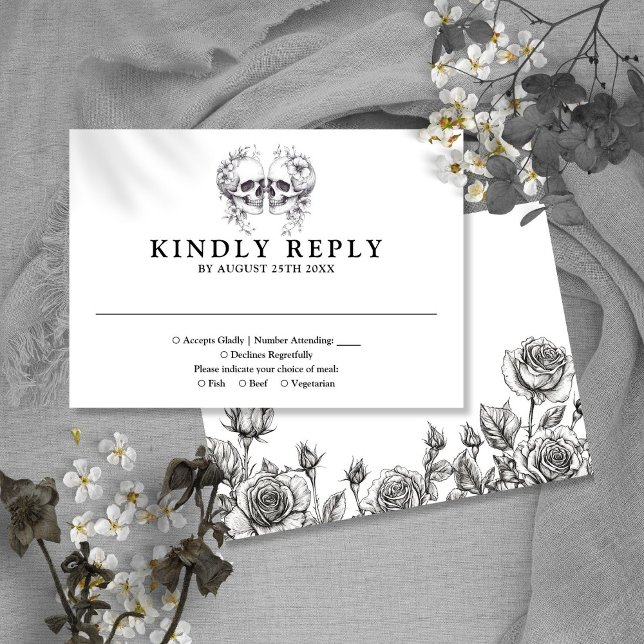 Cartão RSVP Casamento de Skulls Floral Gothic (Gothic Floral Skulls Wedding RSVP Card)