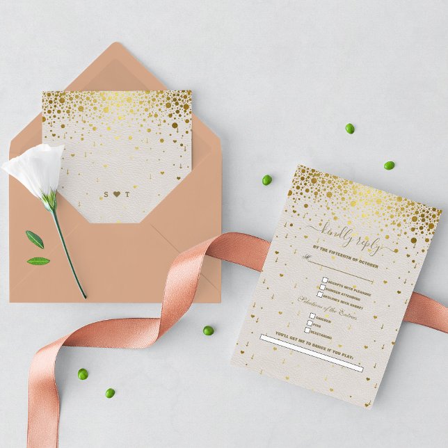 Cartão RSVP Casamento de Solicitação de Música Confetti Dourad (wedding rsvp, white leather gold confetti wedding, trendy elegant modern wedding rsvp)