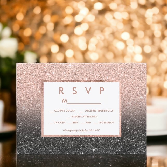 Cartão RSVP Casamento de sombreador de ouro com rosa preto (Black rose gold glitter ombre RSVP wedding)