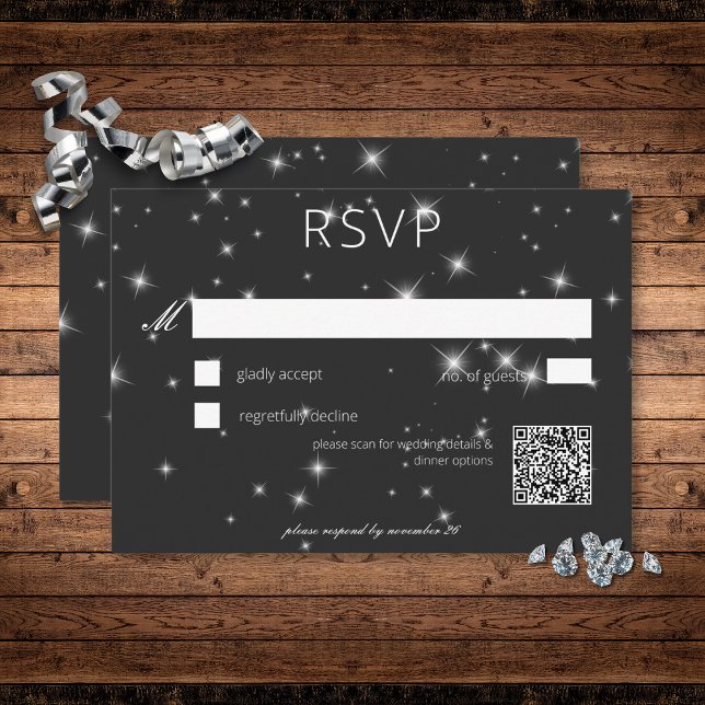 Cartão RSVP Casamento de Sparkle Black Winter Modern (Modern Charcoal Black Winter Sparkle Wedding RSVP Card)