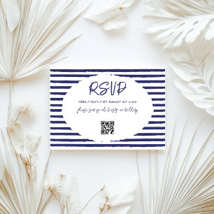 Cartão RSVP Casamento de Stripes Brancas Azuis Modernas
