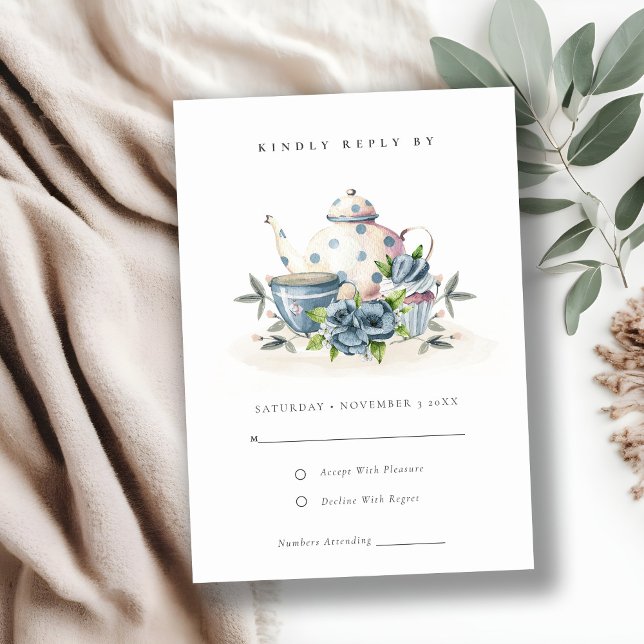 Cartão RSVP Casamento de Taça Floral Azul Aqua Azul Elegante (Criador carregado)
