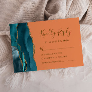 Cartão RSVP Casamento de Tangerine, Dourado Agate Teal Moderno