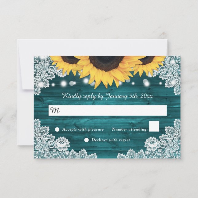 Cartão RSVP Casamento de Teal Rustic Wood Lace Sunflower (Frente)