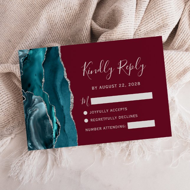 Cartão RSVP Casamento de Teal Silver Agate Burgundy (Criador carregado)