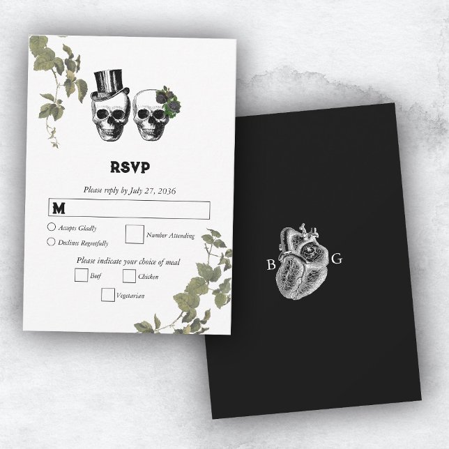 Cartão RSVP Casamento de Til Death Gothic Heart Floral Skulls (Til Death Gothic Heart Floral Skulls Wedding RSVP Card)