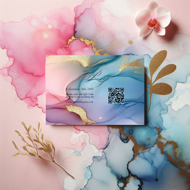 Cartão RSVP Casamento de tinta Dourada, azul e rosa elegante (Elegant Pink, Blue and Gold Flowing Ink Wedding RSVP Card)