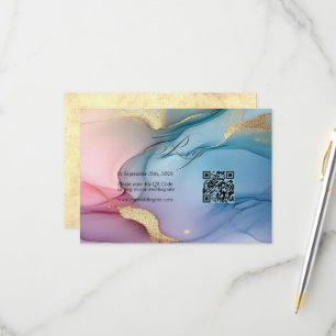 Cartão RSVP Casamento de tinta Dourada, azul e rosa elegante