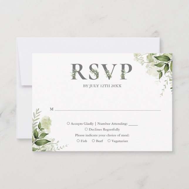 Cartão RSVP Casamento de Tipografia Floral Verde (Frente)