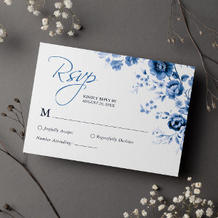 Cartão RSVP Casamento De Toile Azul Floral Francês Elegante