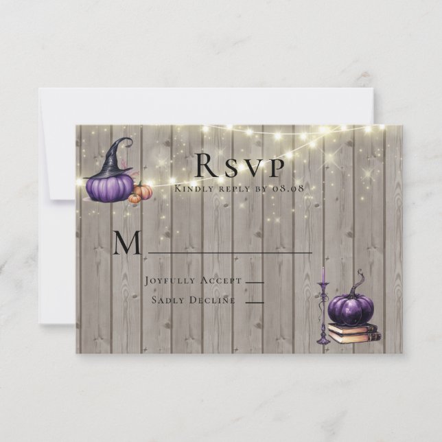 Cartão RSVP Casamento de Velas de Abóbora Roxo de Madeira Rúst (Frente)