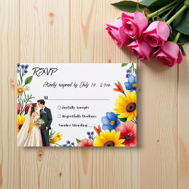 Cartão RSVP Casamento de Verão com Casal de Jardim Floral de W