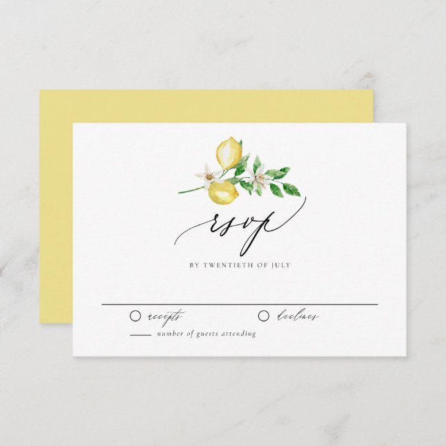 Cartão RSVP Casamento de Verão com Lemon Botânico e Verde (Frente/Verso)