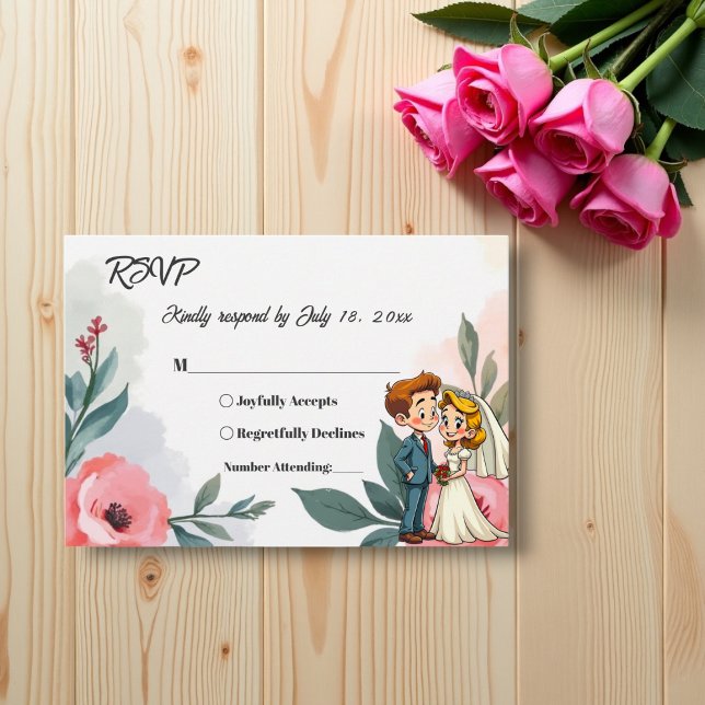Cartão RSVP Casamento de Verão de Casal Floral Elegante Waterc (Criador carregado)