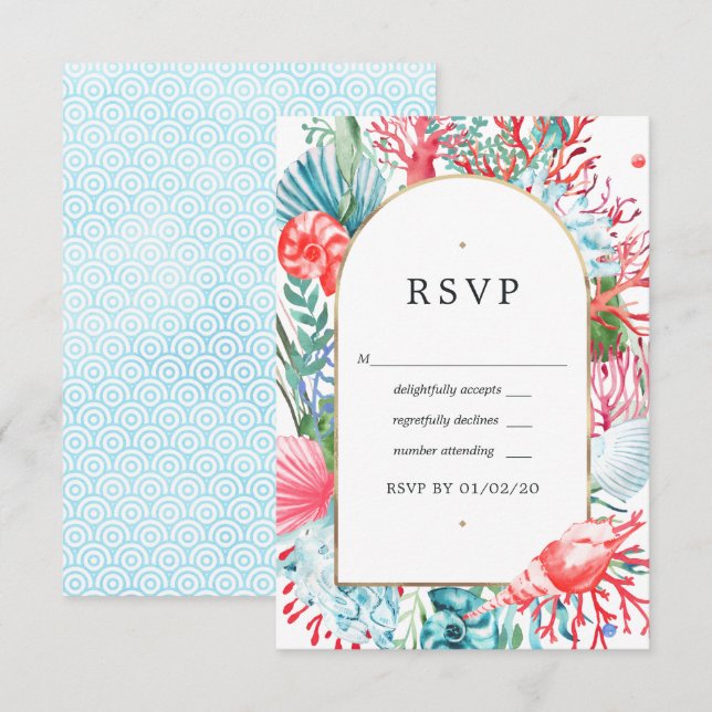 Cartão RSVP Casamento de Verão na Praia com Tons de Turquesa e (Frente/Verso)