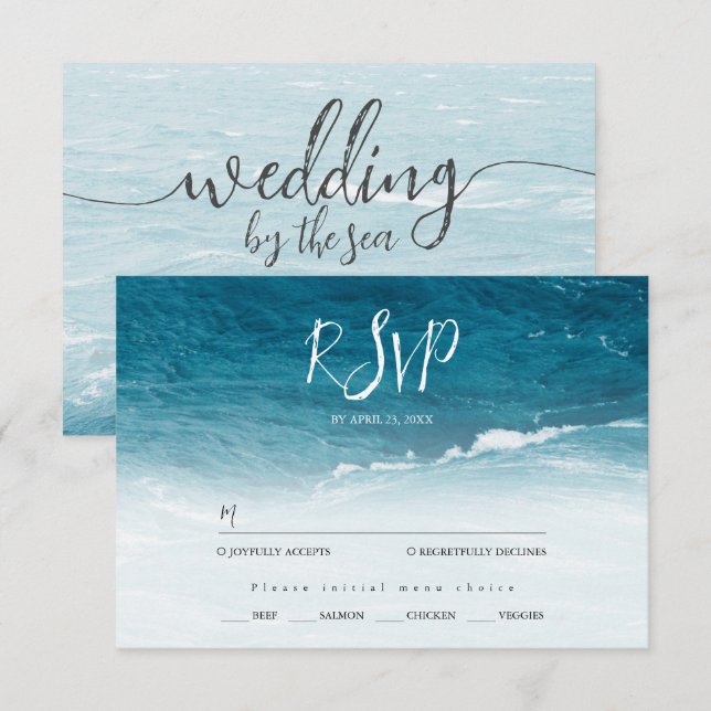 Cartão RSVP Casamento de verão pelo mar azul ondulado, ombre o (Frente/Verso)