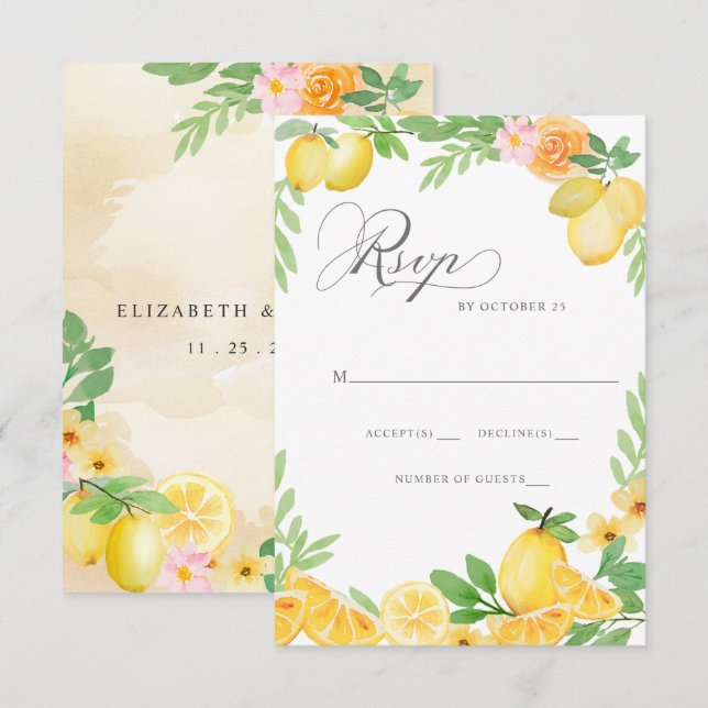 Cartão RSVP Casamento de Verão Rustic Lemon Citrus Boho (Frente/Verso)